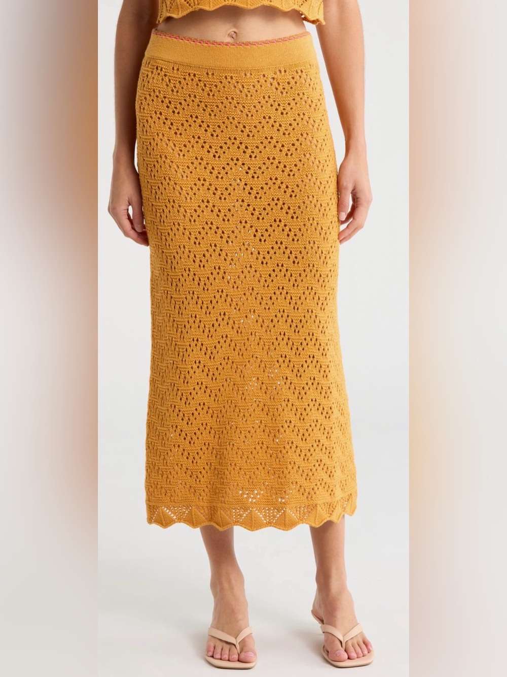 MOTHER Open-Knit Midi Skirt in Tangerine Dreams